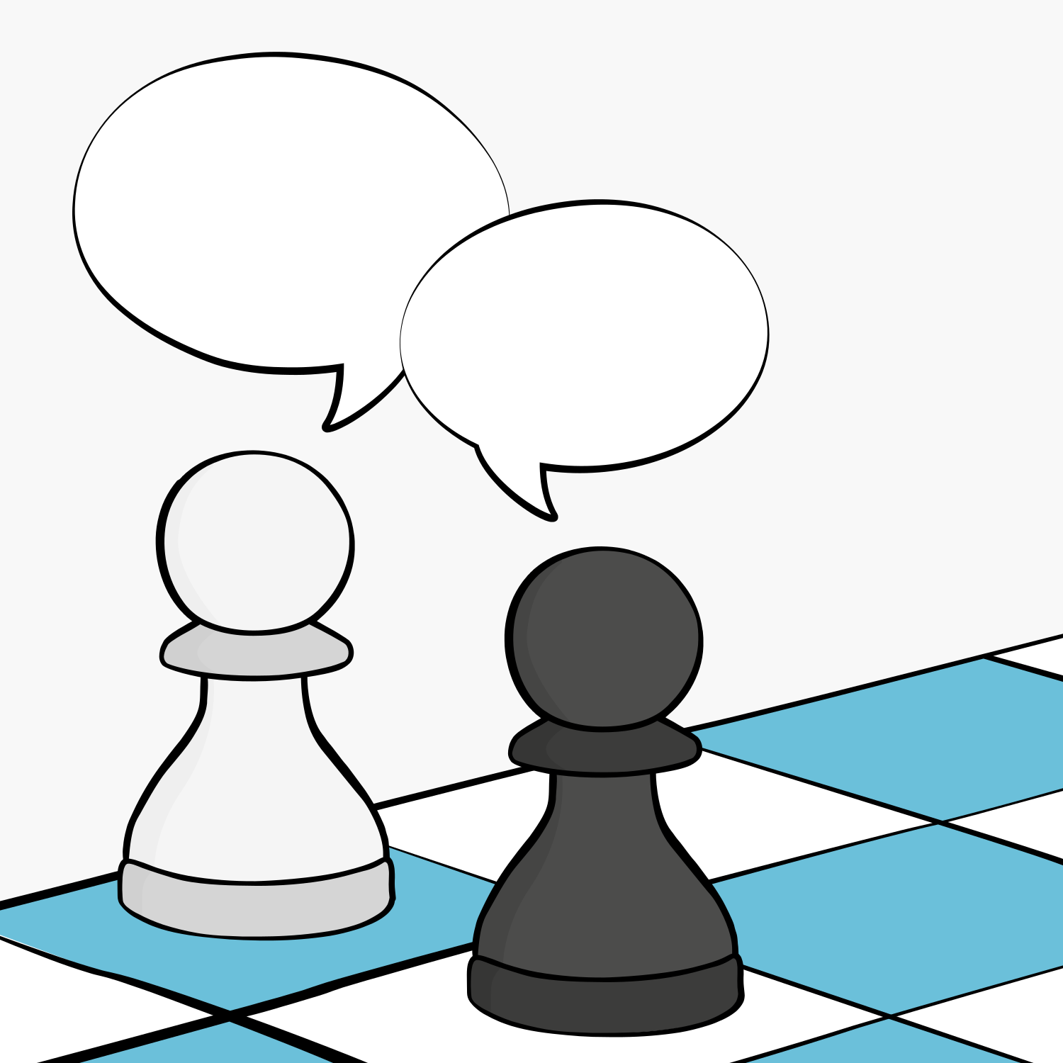 ChessFocus Dialogue Exercise Two chess pawns in conversation on a chessboard illustration.